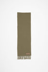 SKINNY FRINGE WOOL SCARF IN KHAKI GREEN