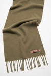 SKINNY FRINGE WOOL SCARF IN KHAKI GREEN