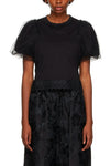 CROPPED SHORT PUFF SLEEVE T-SHIRT W/TRIM &amp; OVERLAY, S22