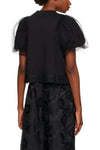 CROPPED SHORT PUFF SLEEVE T-SHIRT W/TRIM &amp; OVERLAY, S22